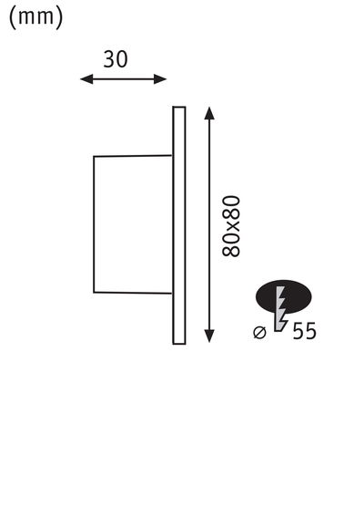 Technische Zeichnung mit Maßen 80x80 mm und 30 mm Tiefe für elektrisches Bauteil mit 55 mm Durchmesser