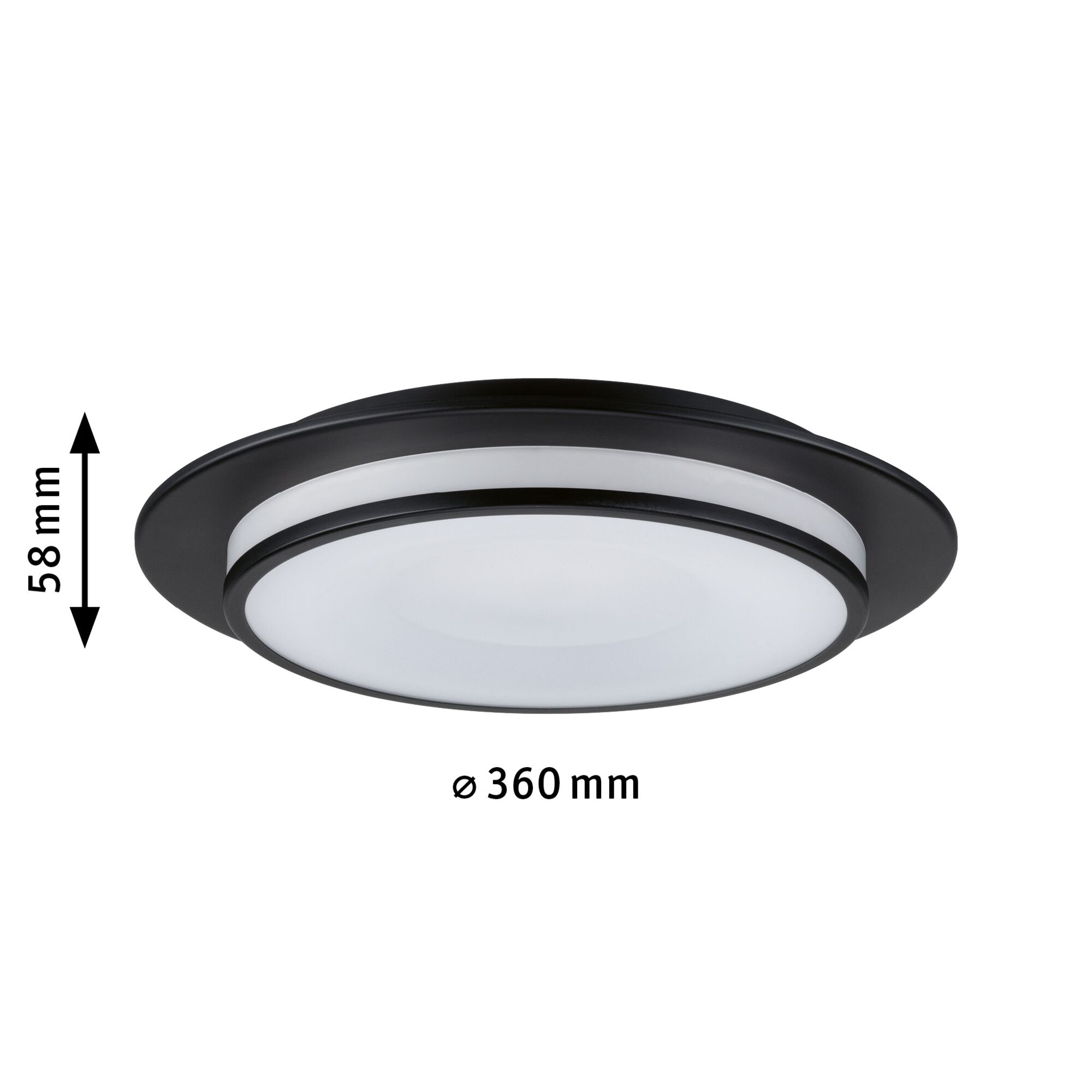 Rund loftlampe i sort metal med hvid diffusor, 360 mm diameter, LED-belysning