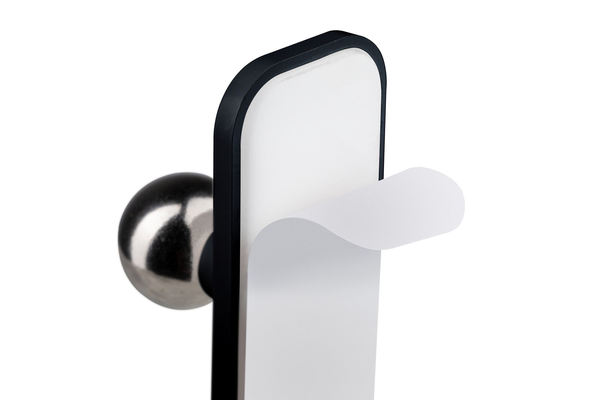Modern black wall mount with curved white paper holder and silver ball fixture