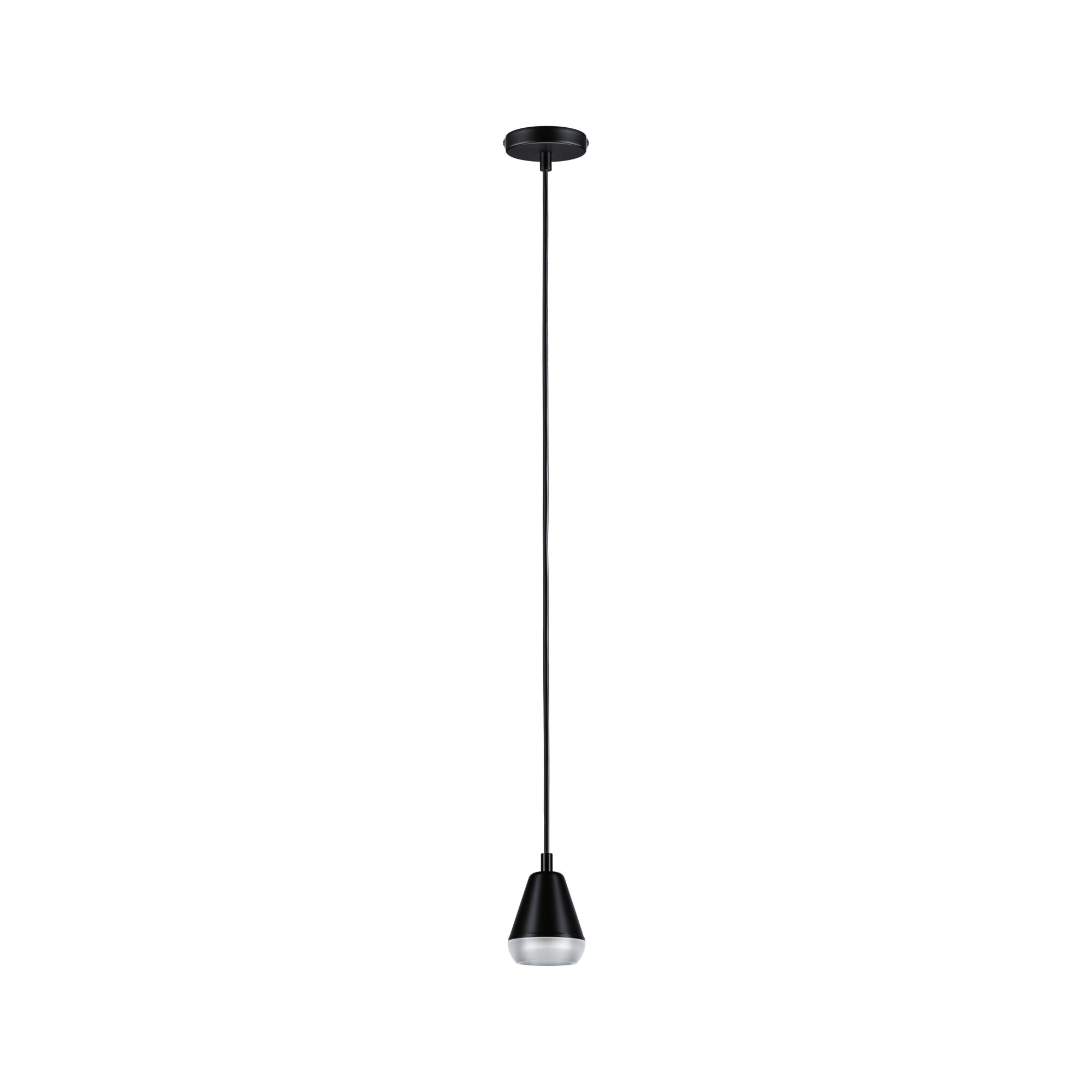 Schwarze Pendelleuchte aus Metall mit konischem Design und diffuser Lichtabdeckung für moderne Innenräume