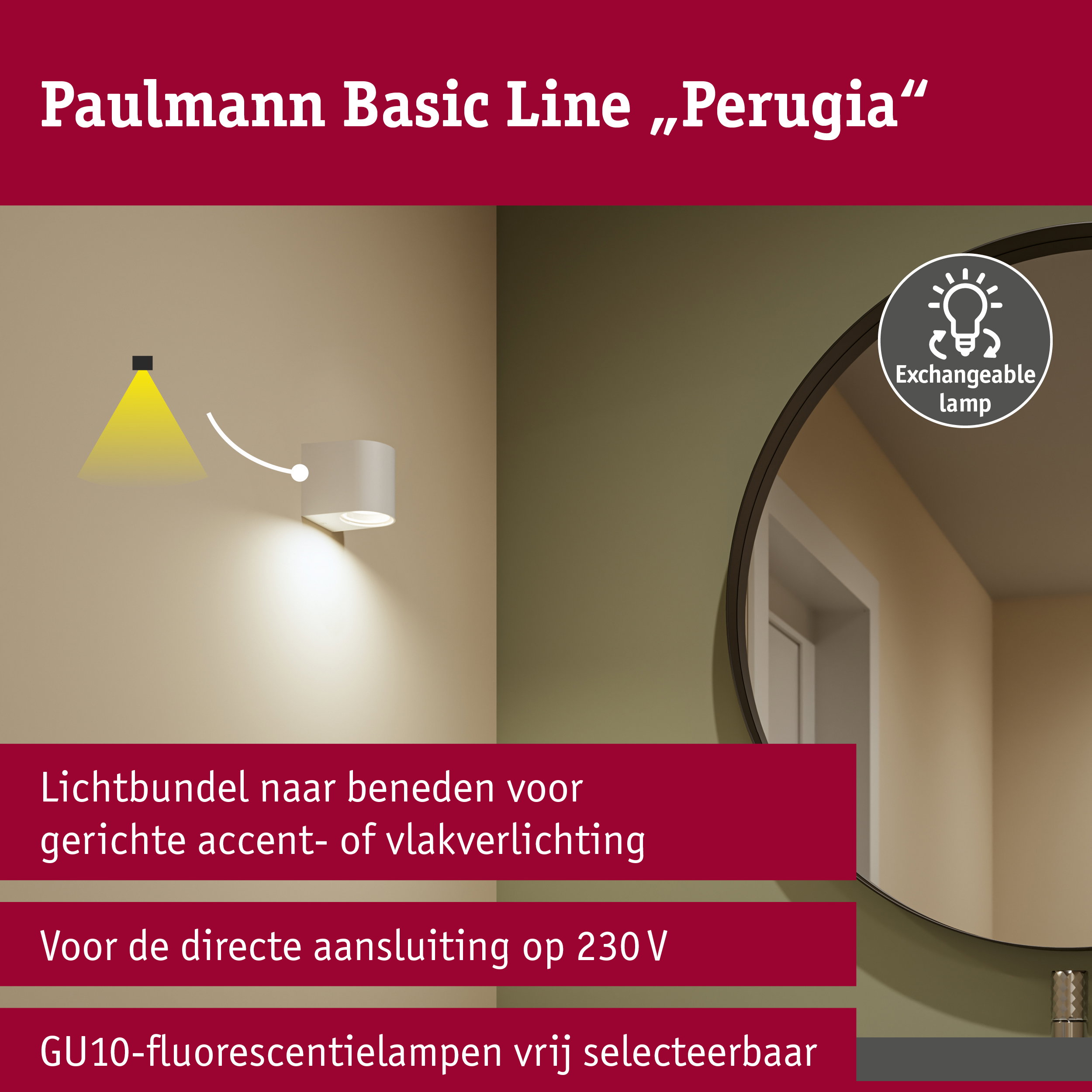 Wandlamp Perugia IP44 GU10 230V max. 10W Wit mat