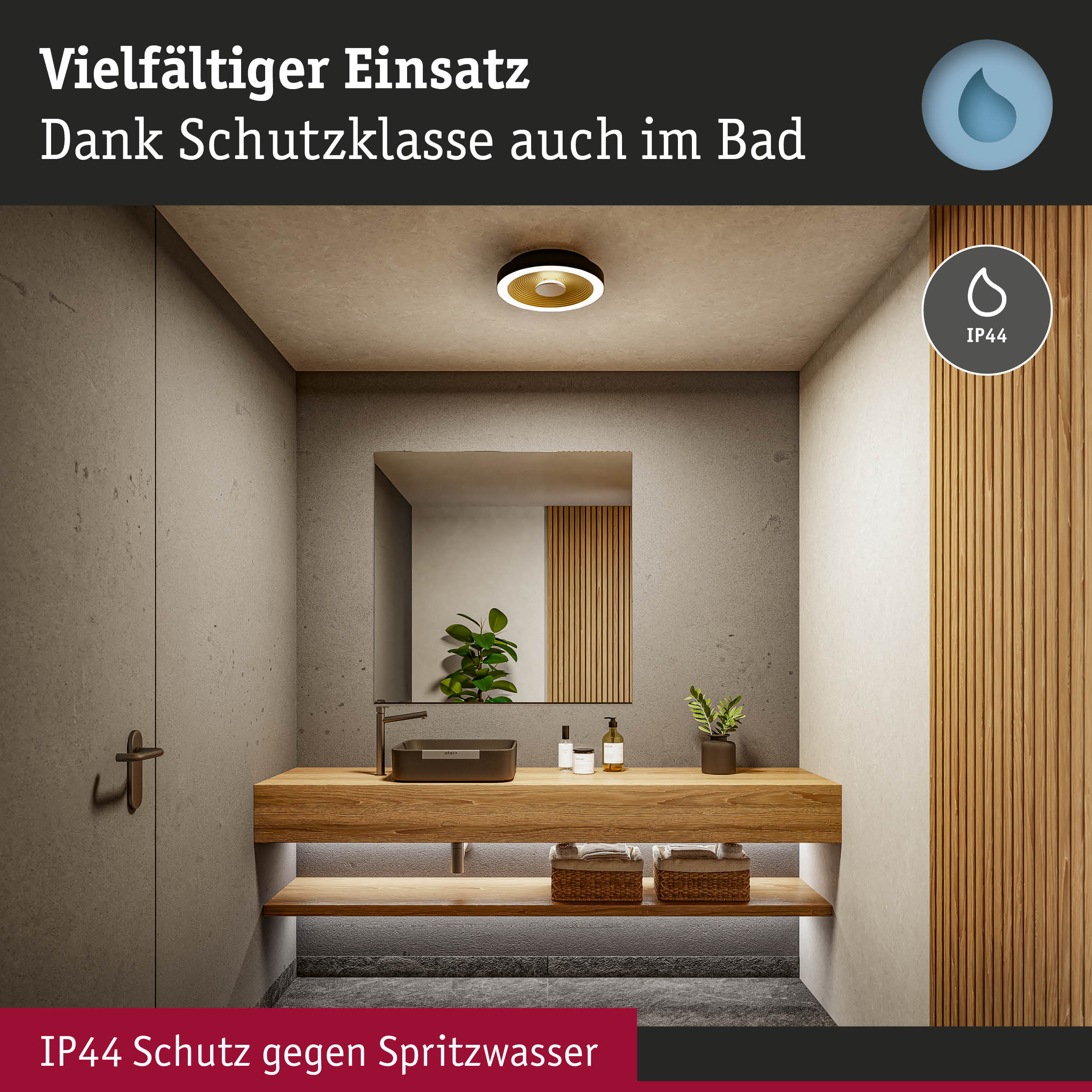 Moderne Badezimmerdecke mit IP44 geschützter Deckenleuchte für Spritzwasserschutz und Feuchtraum geeignet