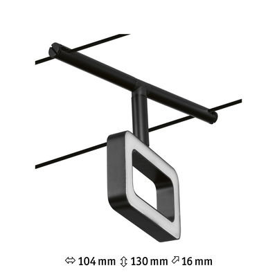 Black LED cable suspension with square metal and plastic light element, modern lighting solution for interiors.