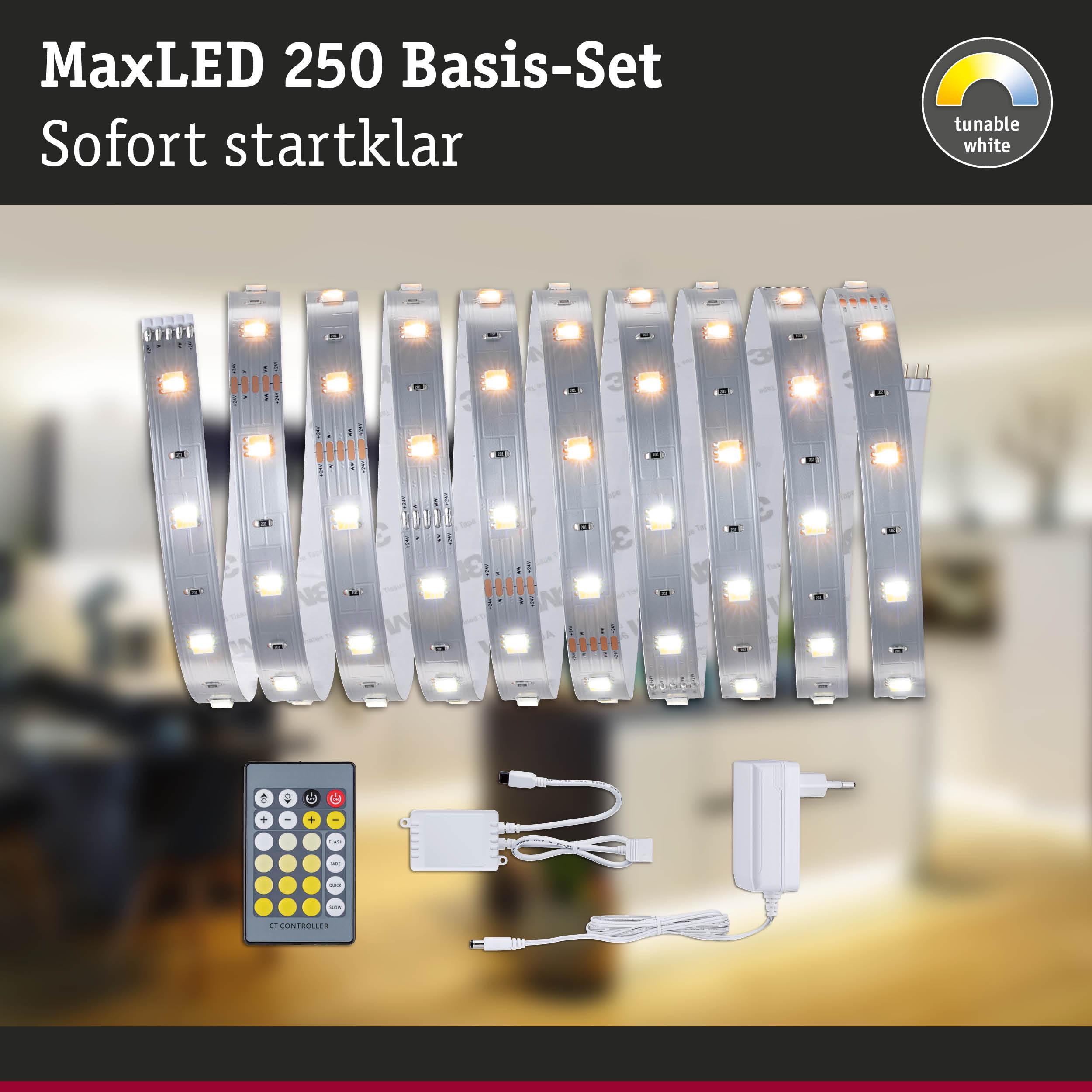 MaxLED 250 Basis-Set mit weißen LED-Streifen, Fernbedienung und Netzteil für dimmbares Licht.