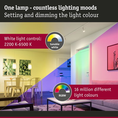 Living room with dimmable LED ceiling light adjustable from warm to cool white and 16 million colours