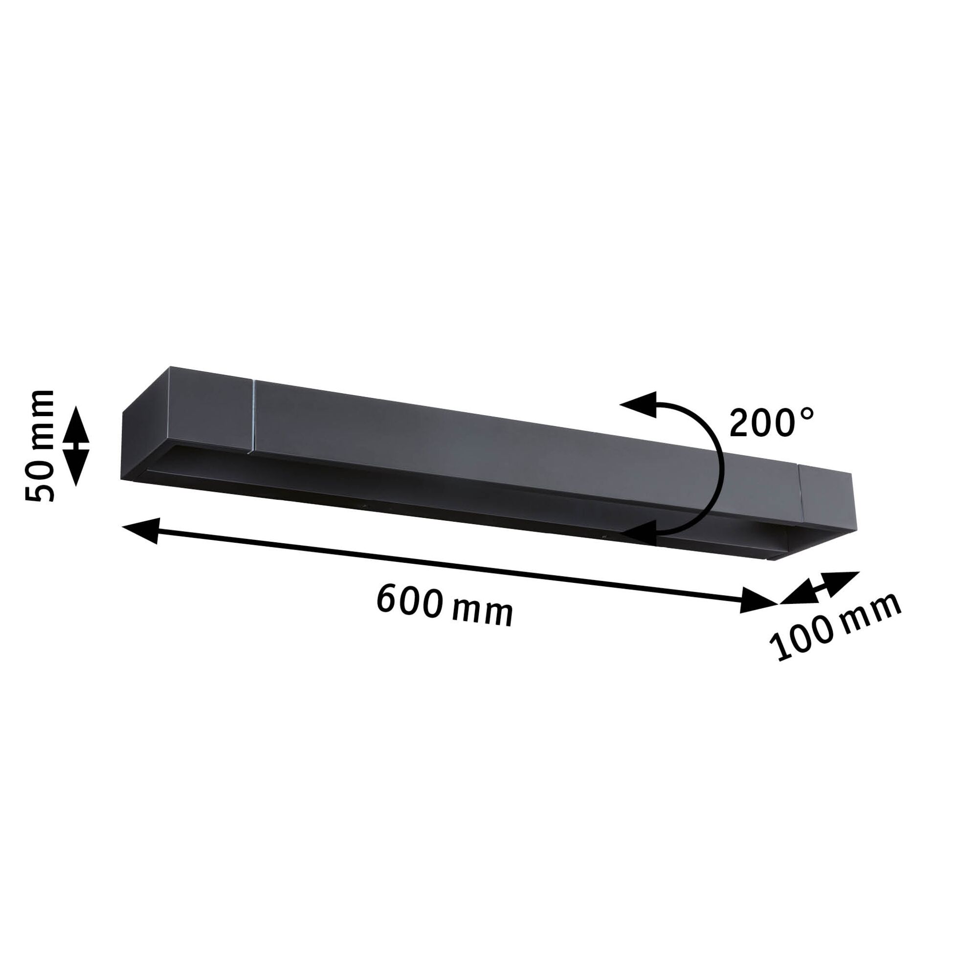Black metal LED wall light 600 mm long with 200° swivel for modern indoor lighting solutions.