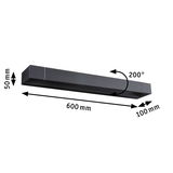 Black metal LED wall light 600 mm long with 200° swivel for modern indoor lighting solutions.