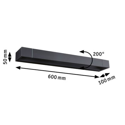 Black metal LED wall light 600 mm long with 200° swivel for modern indoor lighting solutions.