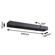 Black metal LED wall light 600 mm long with 200° swivel for modern indoor lighting solutions.