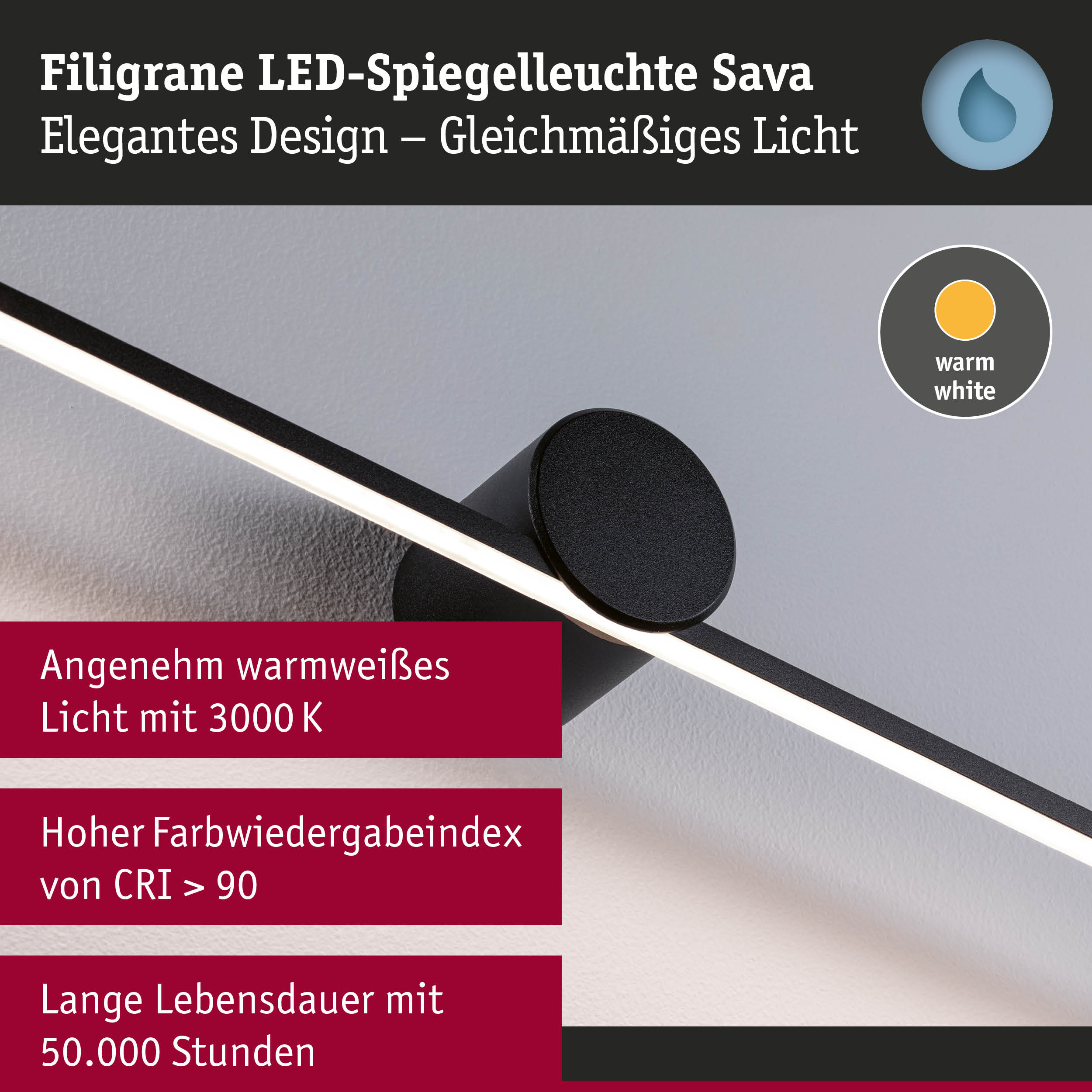 Filigrane LED-Spiegelleuchte Sava in Schwarz mit warmweißem Licht und hoher Farbwiedergabe CRI > 90