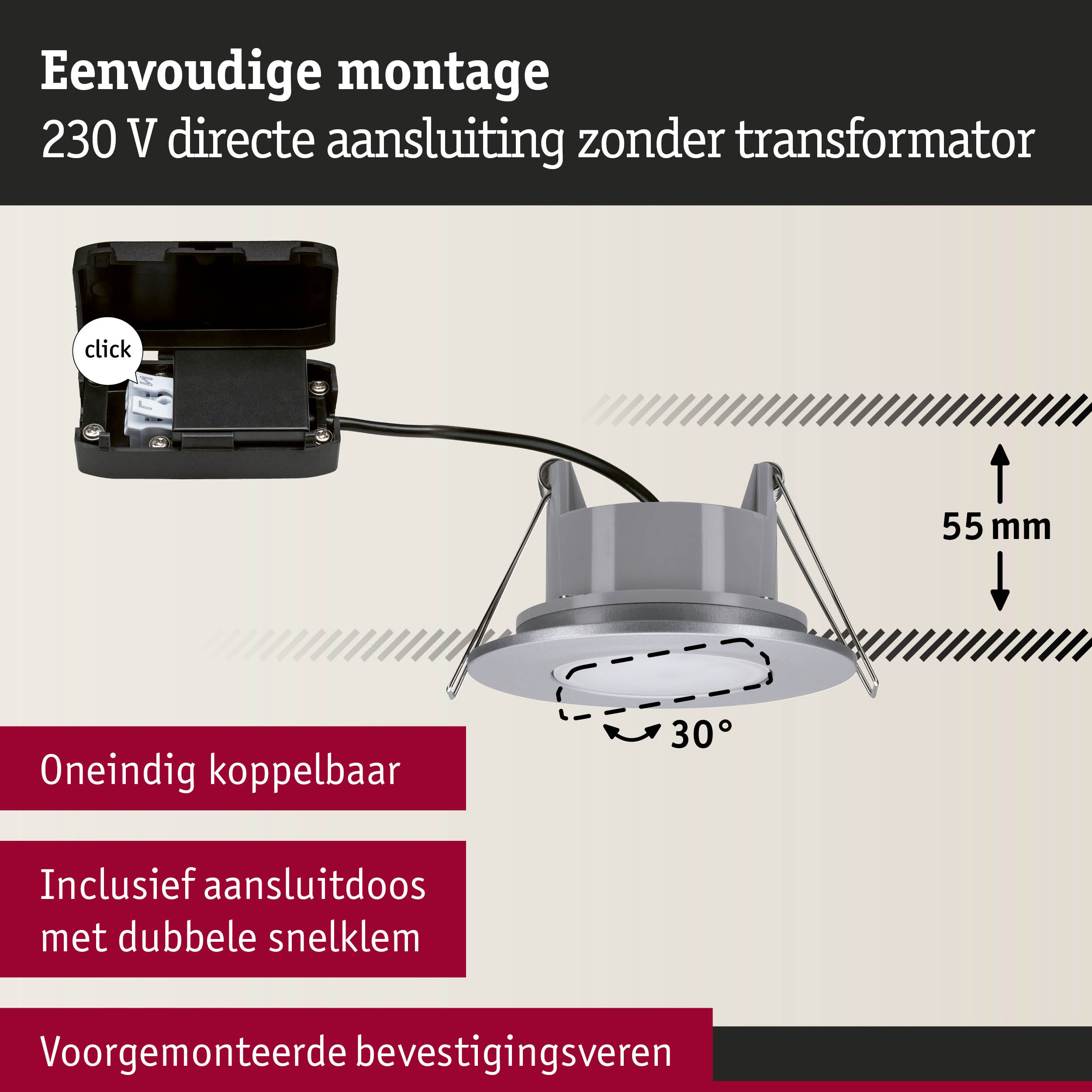 Grijze inbouwspot met 55 mm inbouwdiepte en 30° kantelbaar, inclusief aansluitdoos met dubbele snelklem