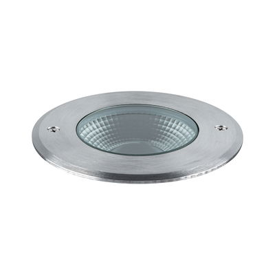 Round recessed LED light made of brushed aluminum in silver for modern lighting solutions
