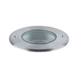Round recessed LED light made of brushed aluminum in silver for modern lighting solutions