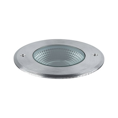 Round recessed LED light made of brushed aluminum in silver for modern lighting solutions