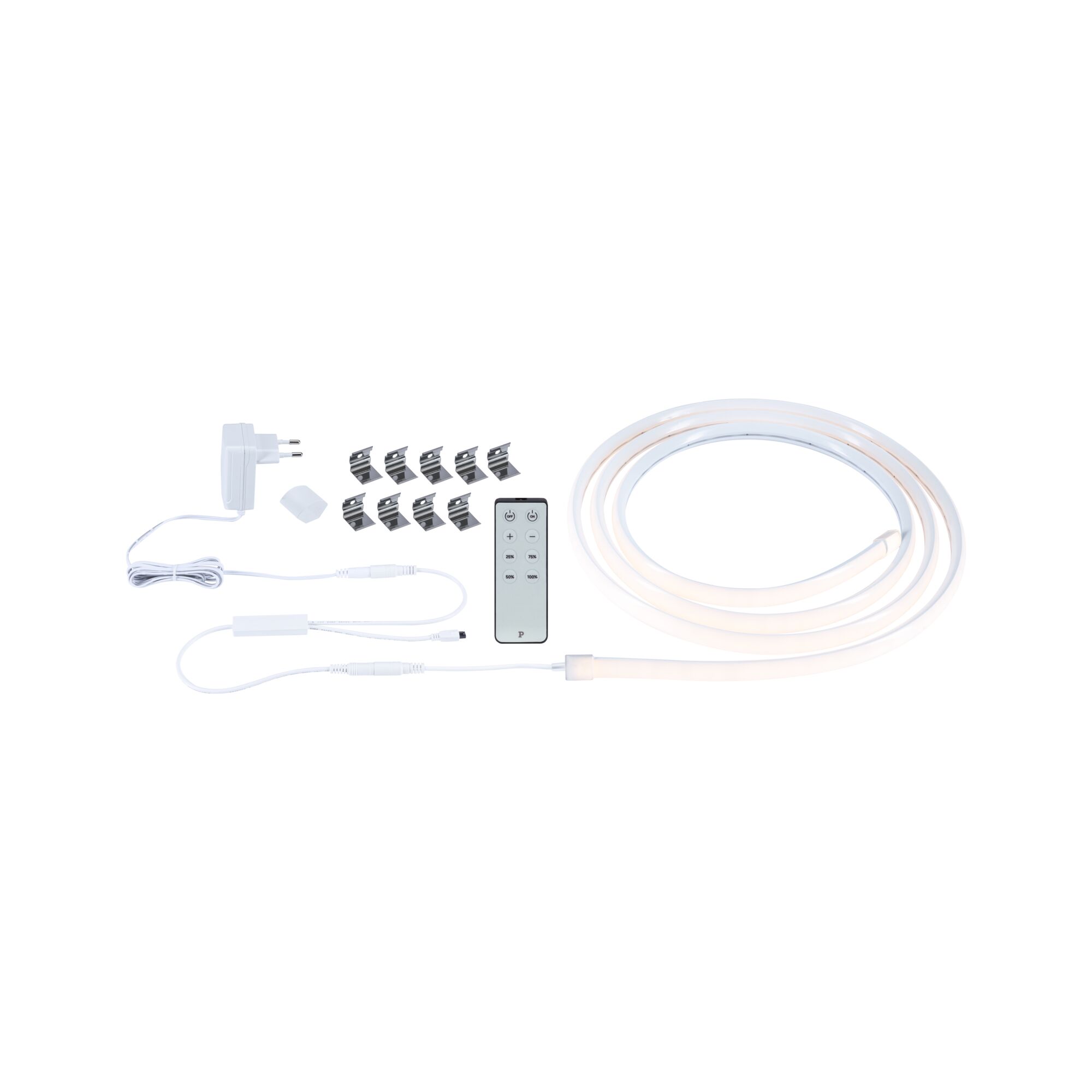 SimpLED Listwy LED Profil Delta Kompletny zestaw 3m powlekany 11,5W 660lm/m 3000K White LED light strip with remote, power adapter, and clips for versatile home lighting