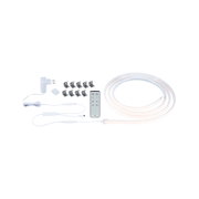 White LED light strip with remote, power adapter, and clips for versatile home lighting