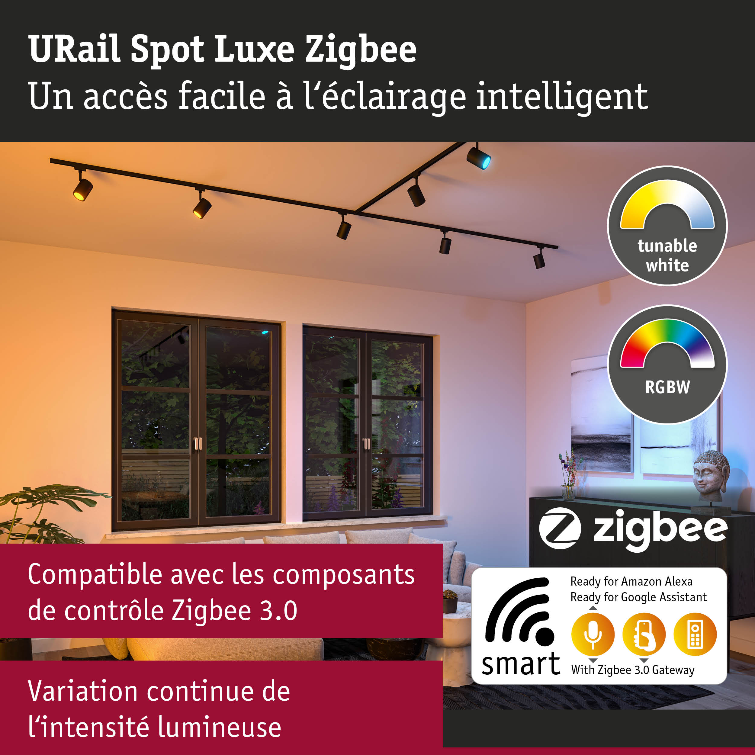 Spot URail Luxe Zigbee noir avec LED réglable blanc et contrôle intelligent Zigbee 3.0