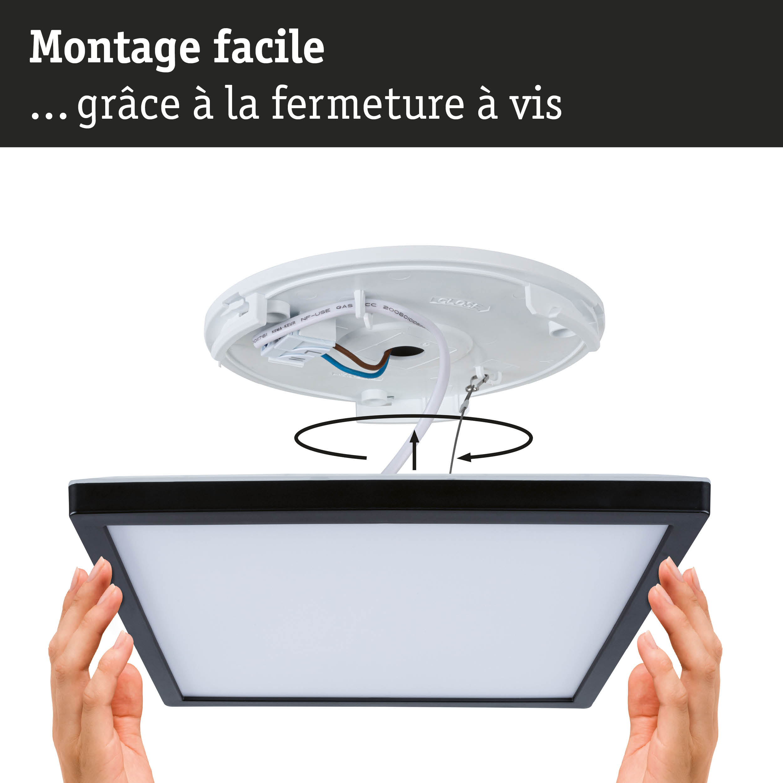 Plafonnier LED carré noir avec diffuseur blanc et montage facile par vis pour éclairage intérieur