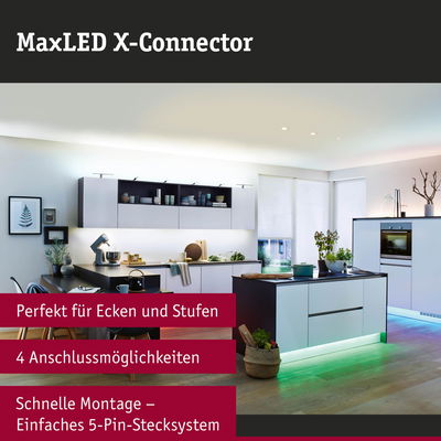 Moderne Küche mit MaxLED X-Connector für LED-Beleuchtung an Ecken und Stufen mit 5-Pin-Stecksystem