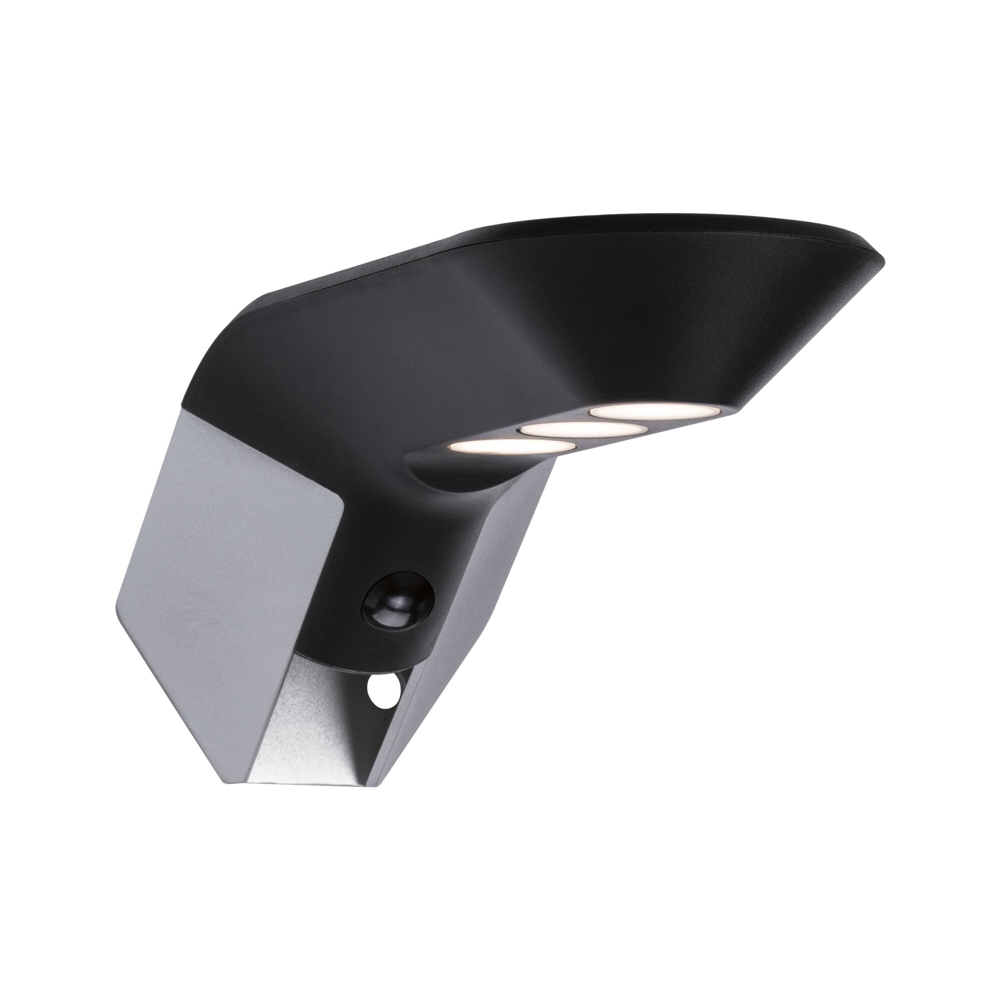 Moderne LED-buitenwandlamp van zwart en grijs aluminium met bewegingssensor en drie lichtbronnen