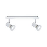 Modern white metal ceiling spotlight with two adjustable heads for targeted lighting