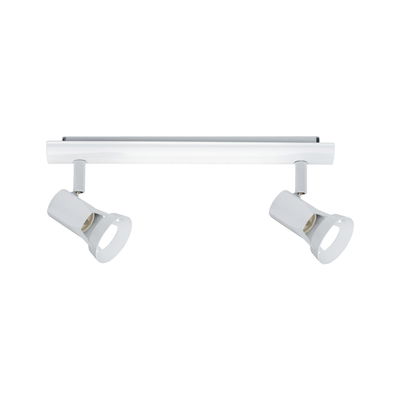 Modern white metal ceiling spotlight with two adjustable heads for targeted lighting
