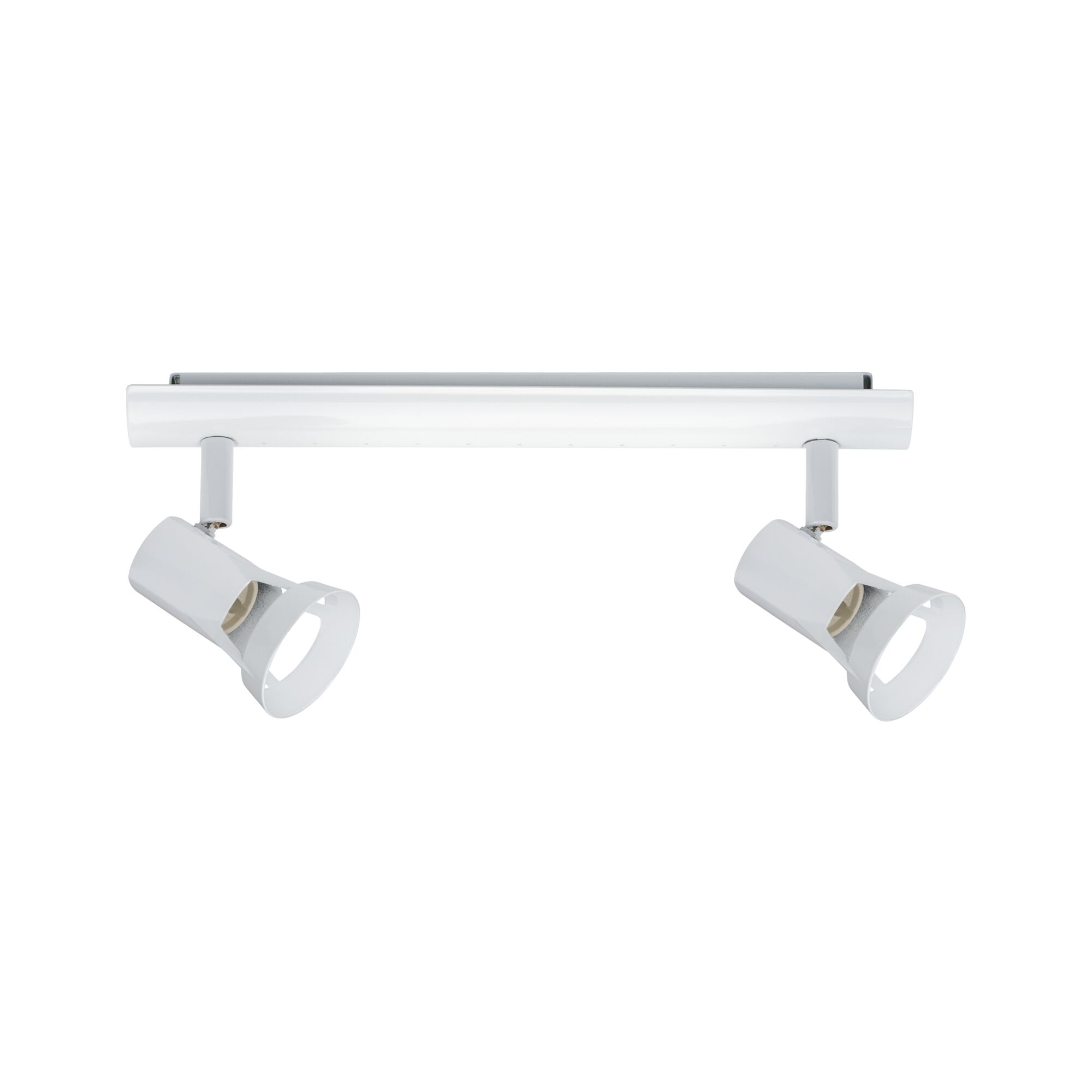 Modern white metal ceiling spotlight with two adjustable heads for targeted room lighting