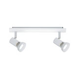 Modern white metal ceiling spotlight with two adjustable heads for targeted room lighting