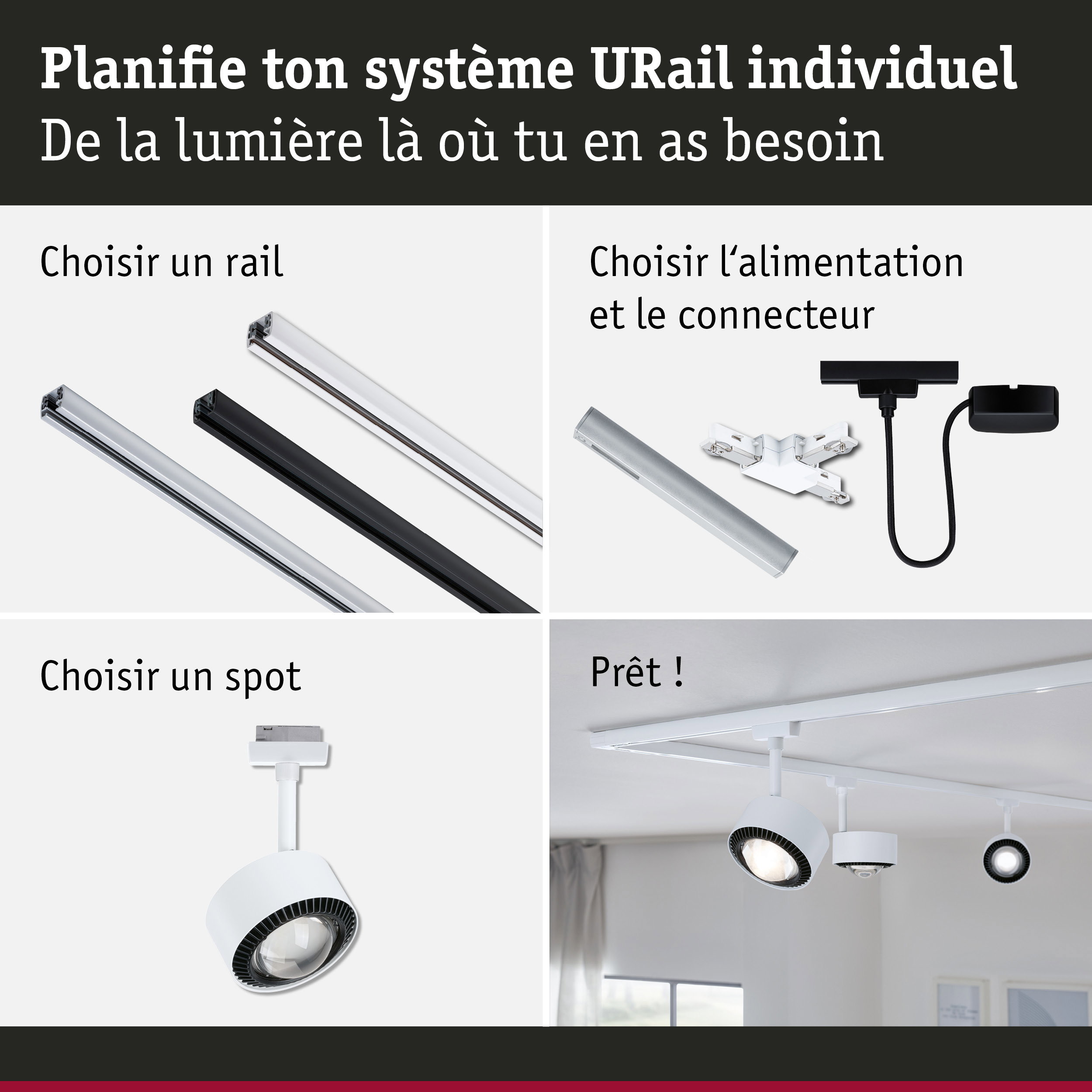 Système de rail modulaire URail avec rails blancs et noirs et spots LED blancs pour un éclairage flexible