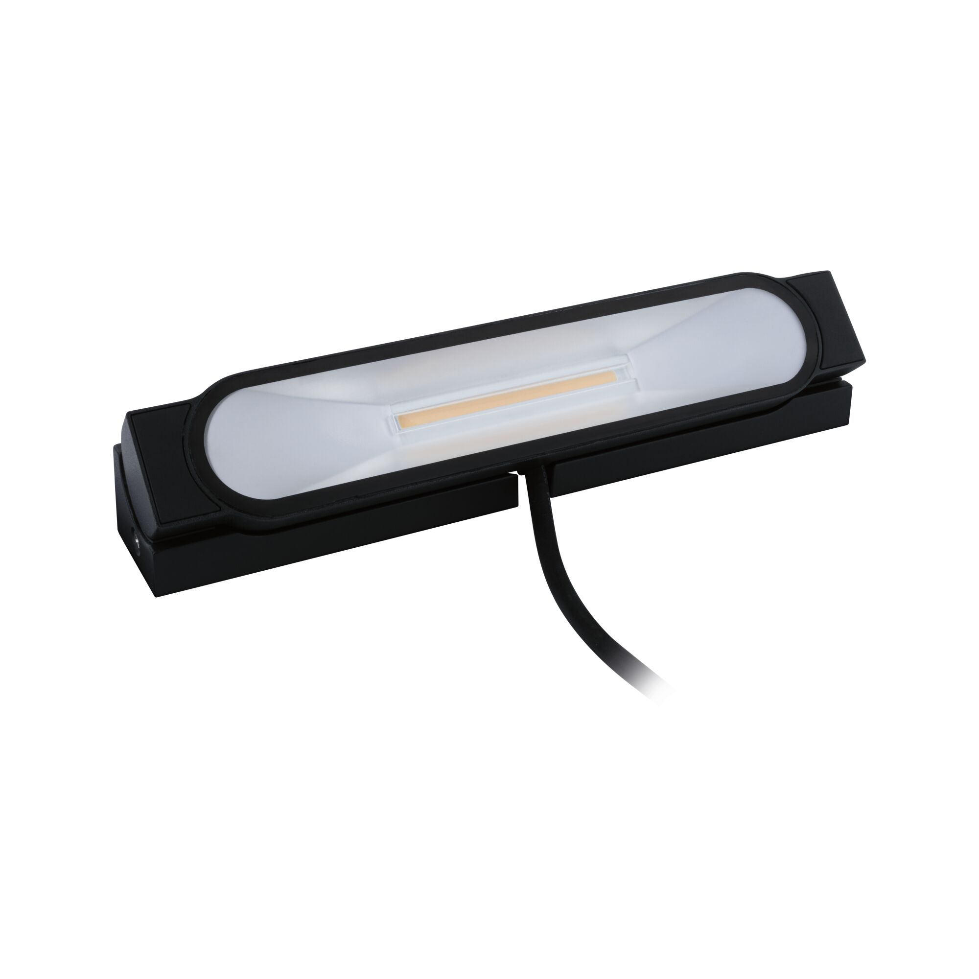 Schwarze LED-Leuchte mit länglichem, milchigem Diffusor und Kabel für moderne Innenbeleuchtung