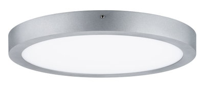 Runde Deckenleuchte aus silbernem Metall mit weißem Diffusor für moderne Innenbeleuchtung
