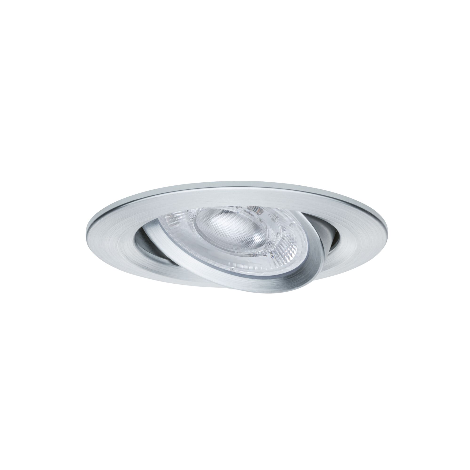 Runder Einbaustrahler aus gebürstetem Aluminium in Silber mit klarem Glas und LED-Licht