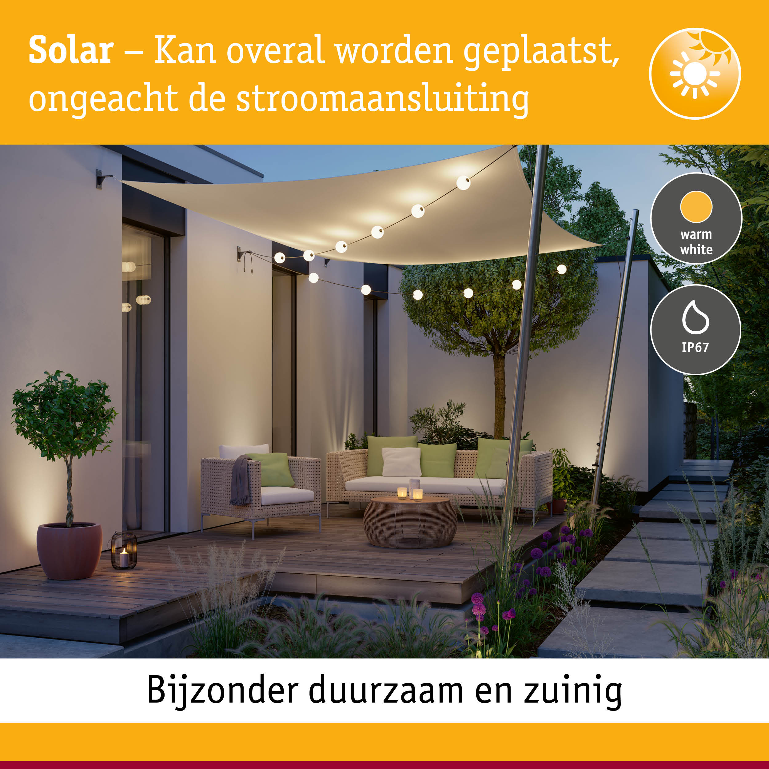 Zonne-energie buitenlichtsnoer met warm wit licht, weerbestendig en flexibel te plaatsen in tuin