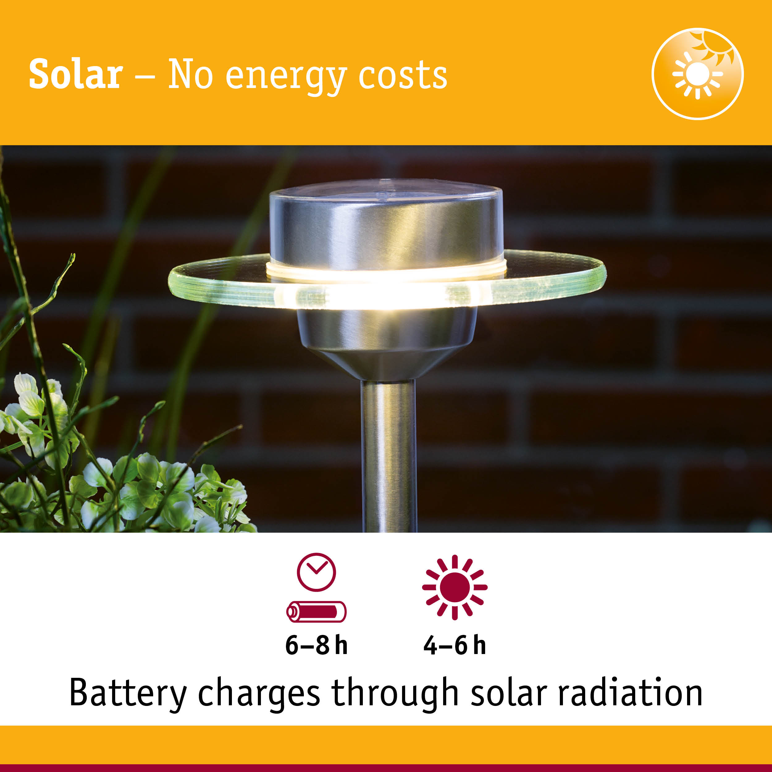 Solar stainless steel garden light with glass ring and energy-saving LED illumination