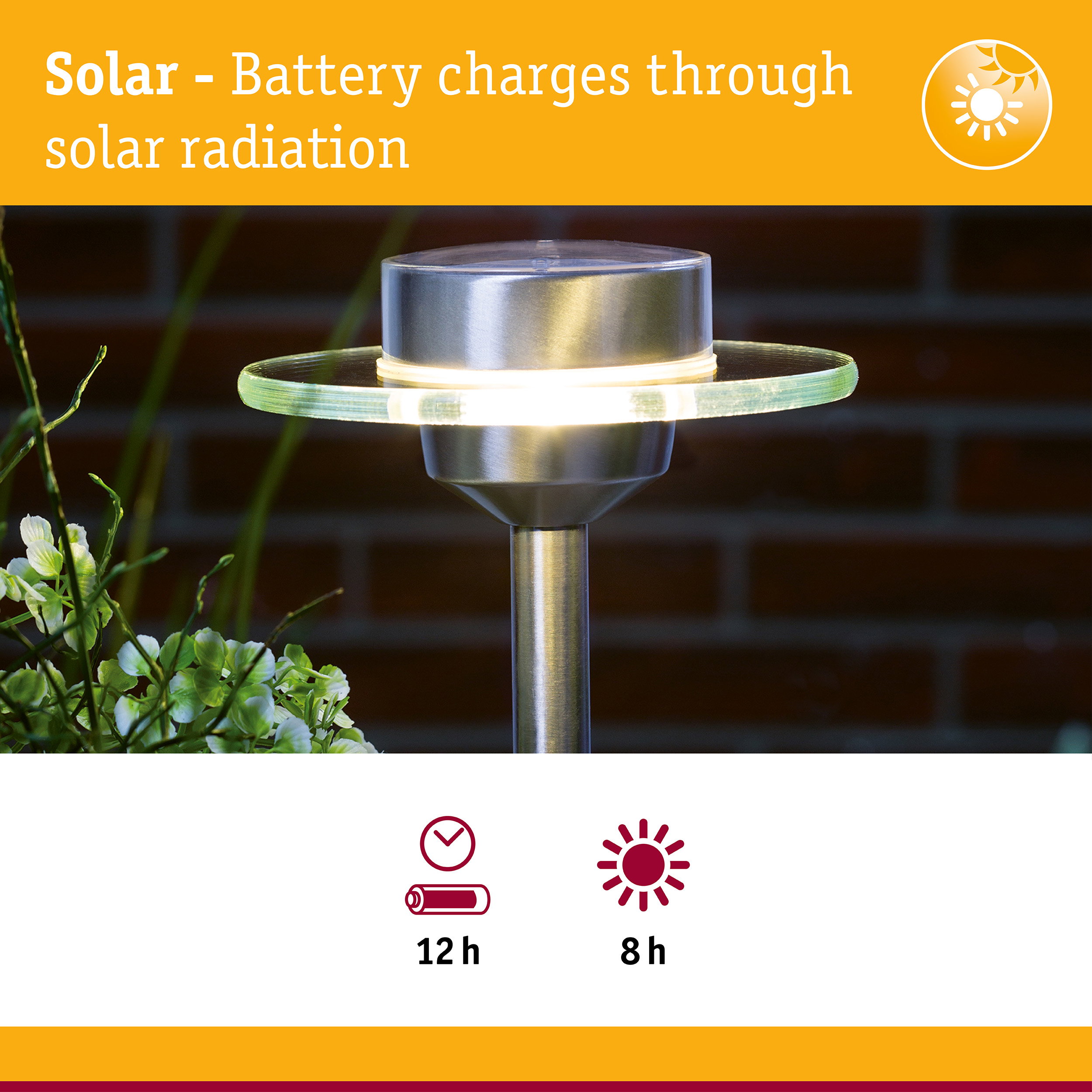 Solar stainless steel garden light with glass ring and energy-saving LED illumination