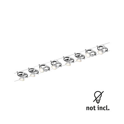 Modern cable spotlight with eight adjustable chrome spots without bulbs for versatile lighting