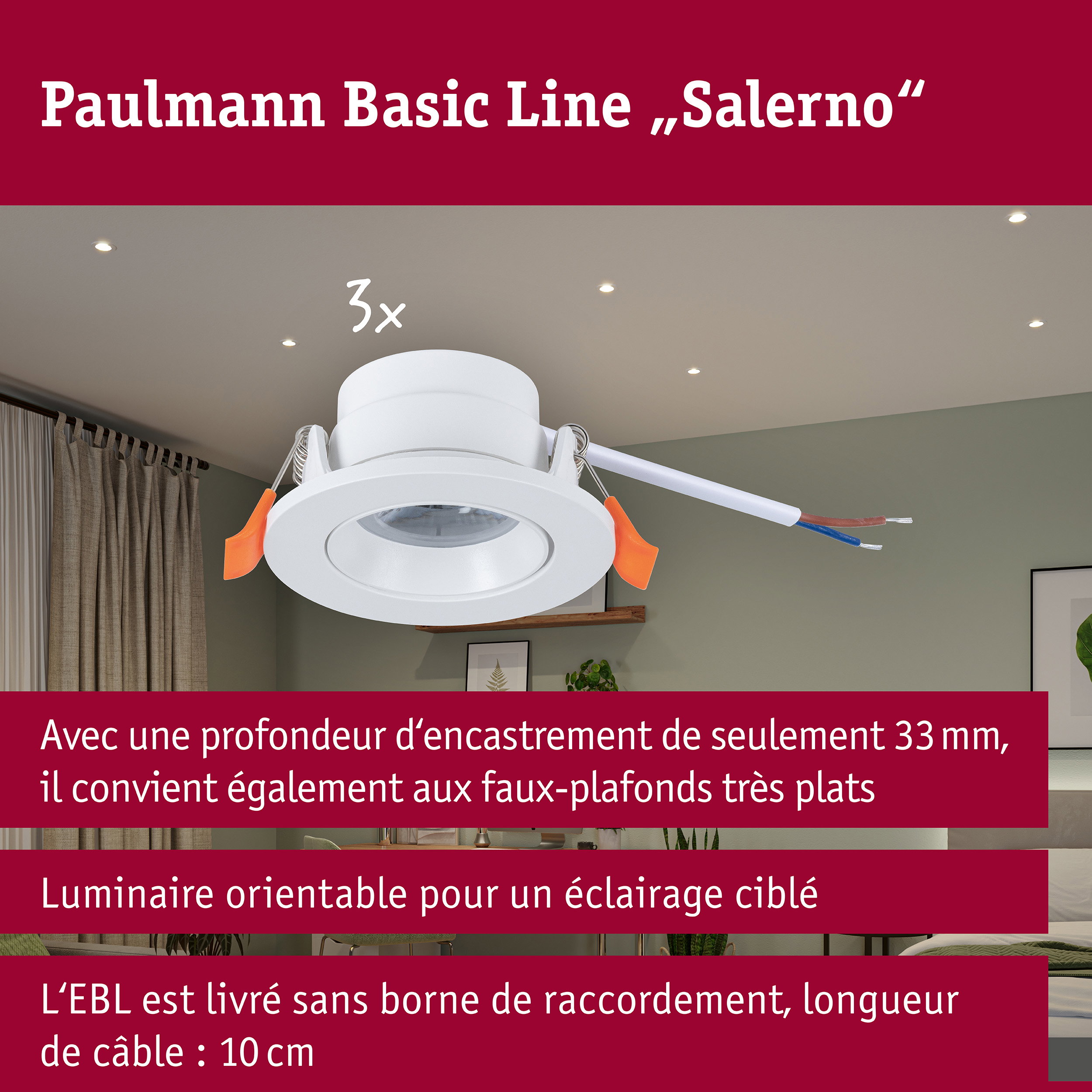 Spot encastré LED Salerno 4000K 67mm 3x204lm 3x2,9W Blanc dépoli