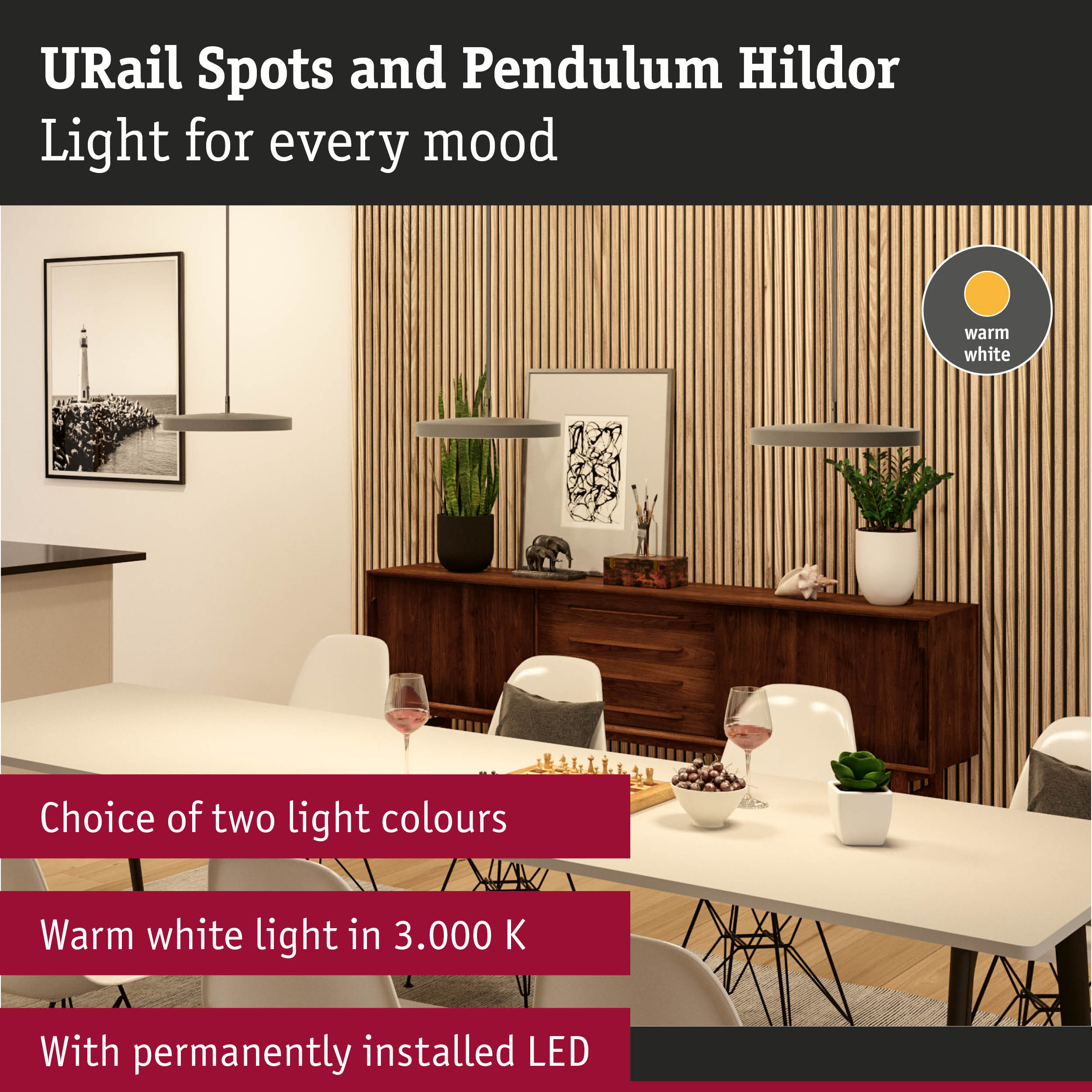 Modern grey pendant lights with warm white LED light above dining table in wooden interior