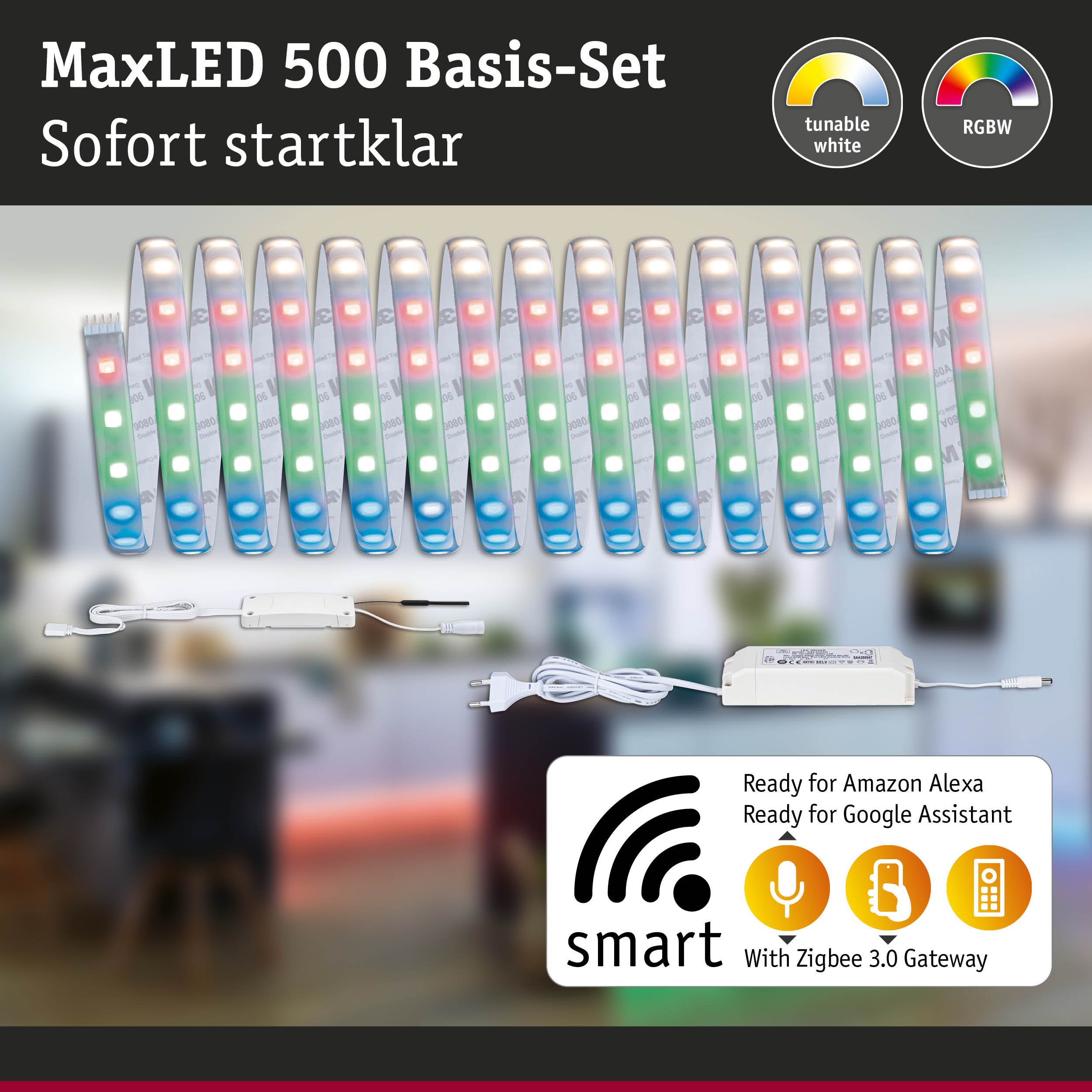 MaxLED 500 RGBW LED-Lichtband mit weißem und farbigem Licht, inklusive Zigbee 3.0 Gateway für Smart Home Steuerung