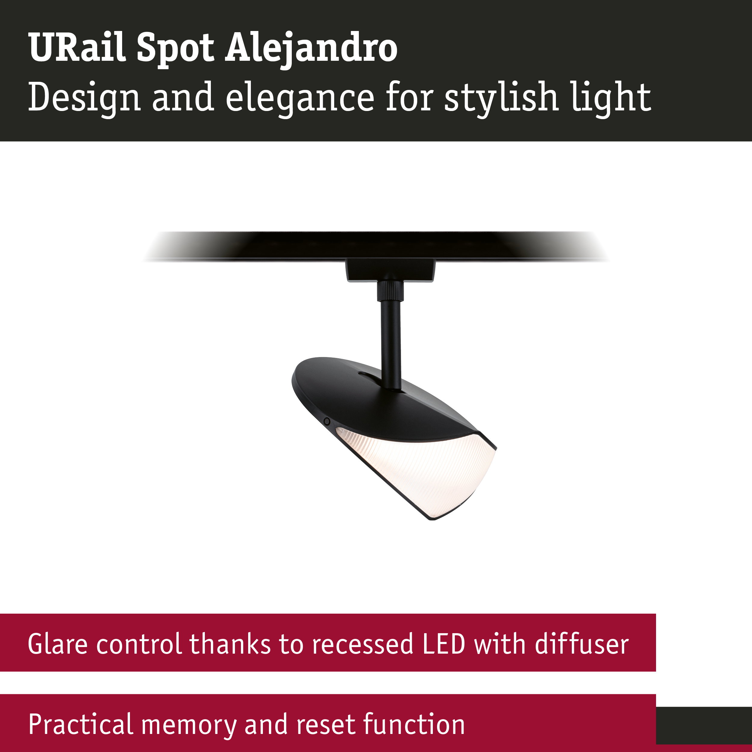 Black URail Spot Alejandro LED light with diffuser and glare control for stylish modern lighting