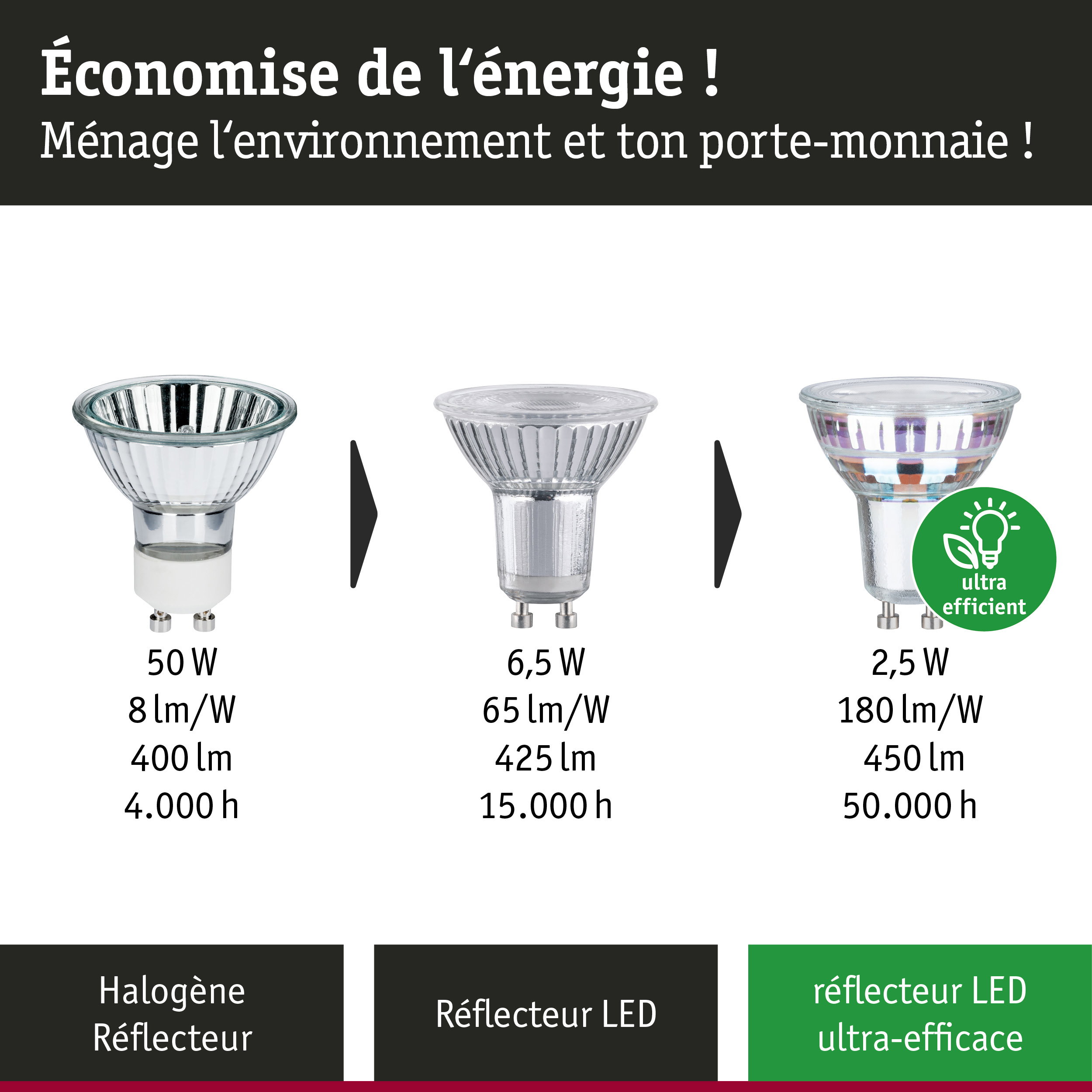 Comparaison des ampoules halogènes et LED avec différentes puissances et efficacités énergétiques