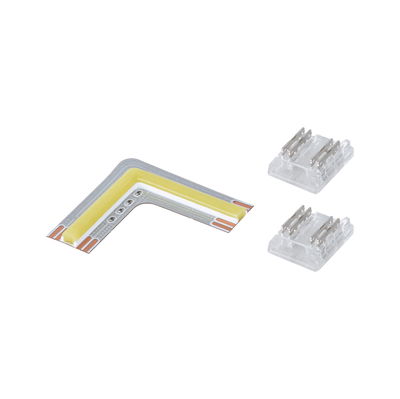 LED strip corner connector with transparent plastic and metal contacts for flexible lighting strips