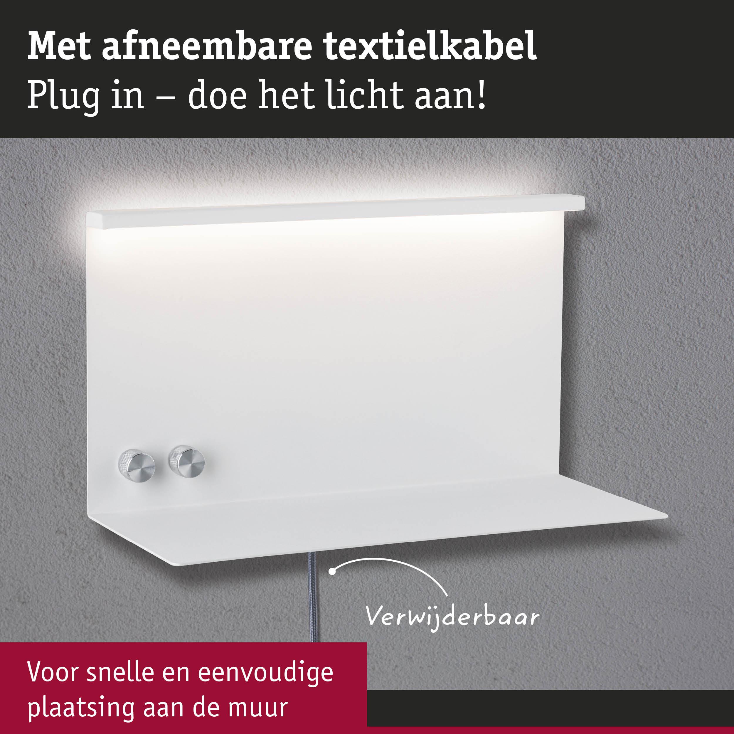 Wit wandplankje met afneembaar textielkabel en LED-licht voor snelle montage