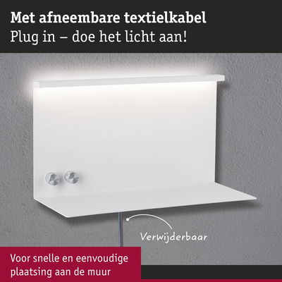 Wit wandplankje met afneembaar textielkabel en LED-licht voor snelle montage