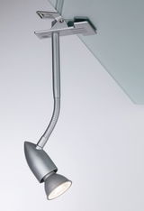 Flexible silver metal LED spotlight with glass mount for focused lighting