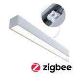 Slanke LED-plafondlamp van zilverkleurig aluminium met aansluitdetail en Zigbee slimme verlichtingsfunctie