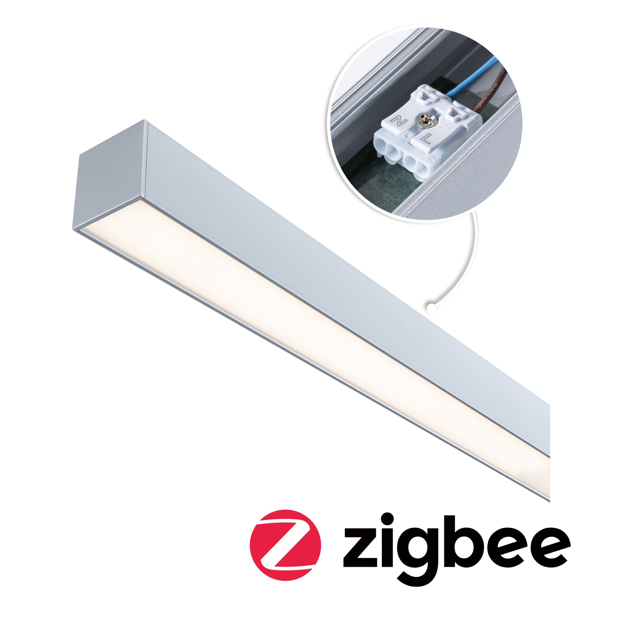 Linion Alimentation électrique Power Channel Zigbee 230/24V 17W Chrome mat 1m Plafonnier LED fin en aluminium argenté avec détail de connexion et fonction Zigbee pour éclairage intelligent