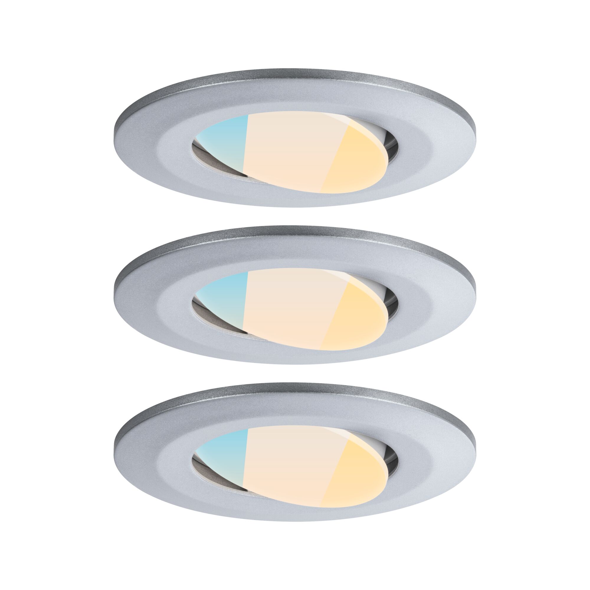 Three silver LED recessed spotlights with adjustable angle and warm white light for living spaces.