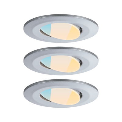 Three silver LED recessed spotlights with adjustable angle and warm white light for living spaces.
