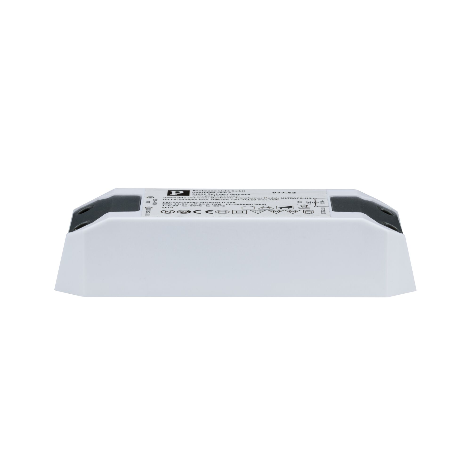 Transfo électronique Halogen+LED max. 0-50W 220-240/12V 50VA Blanc Boîtier blanc en plastique pour driver LED avec zone de connexion noire pour systèmes d'éclairage